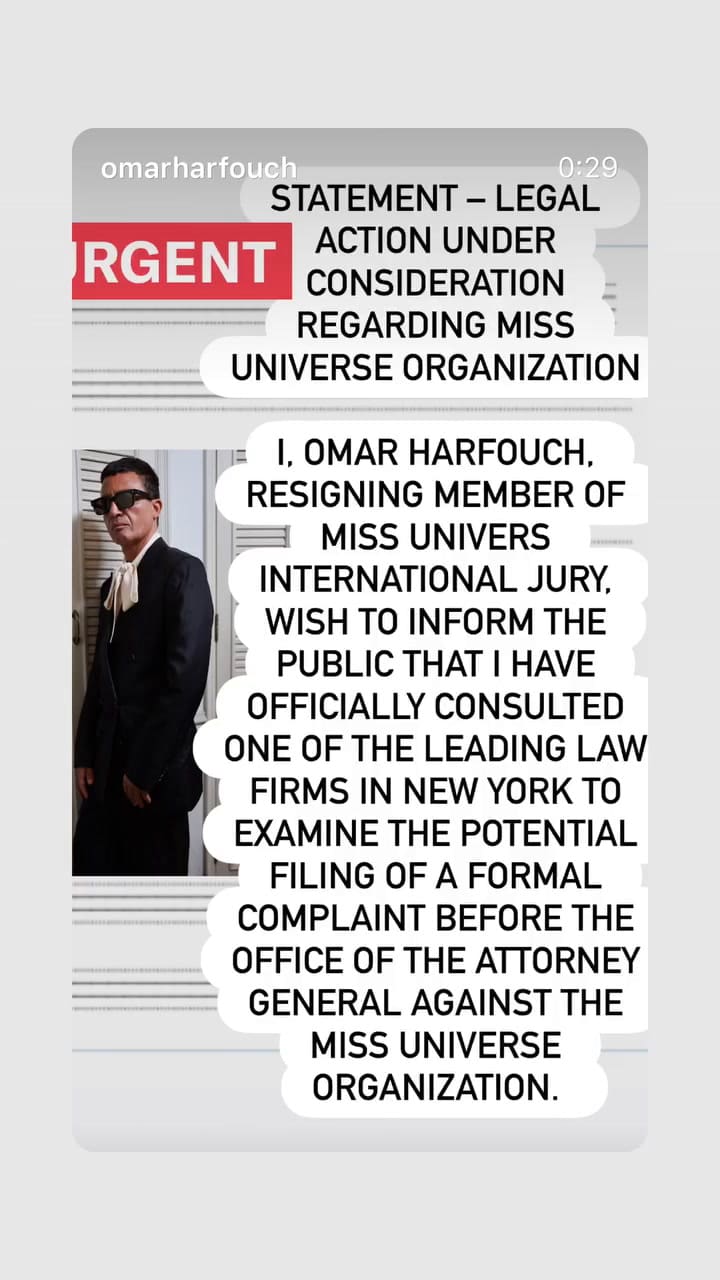 Omar Harfouch aseguró que denunciará a la organización de Miss Universo