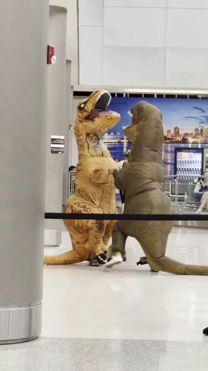 Jimena Baron esperó a su hijo Momo en el aeropuerto disfrazada de dinosaurio