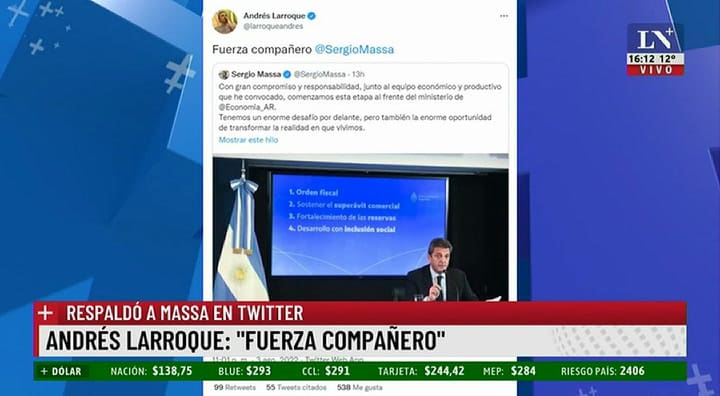 El tuit de Larroque a Massa: 'Fuerza compañero'