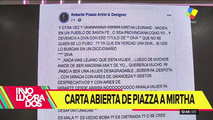 Roberto Piazza sobre Mirtha: 'Es altamente perversa' - Fuente: América tv