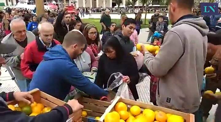 Productores regalan fruta en Plaza de Mayo a modo de protesta - Imágenes: Fernando Massobrio