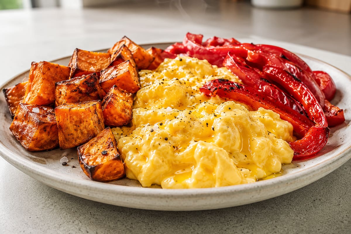 Huevos revueltos con morrón y batatas asadas