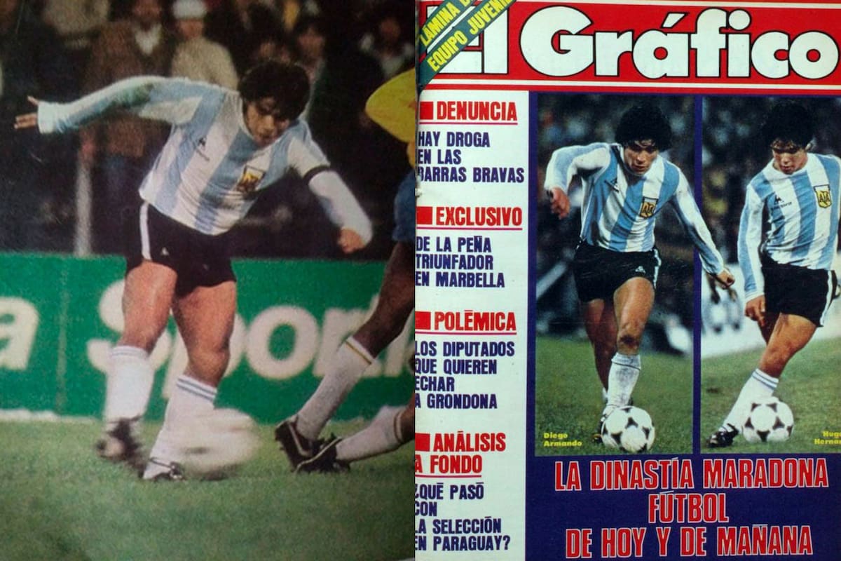 Hugo Maradona en el Sub 16 de 1985; en la primera imagen, el momento en el que saca el remate para el 3-2 ante Brasil en el partido decisivo; la segunda, la tapa de El Gráfico, con su hermano Diego