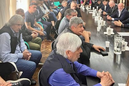Hugo y Pablo Moyano, hoy, en la audiencia paritaria en el piso tres del Ministerio de Trabajo