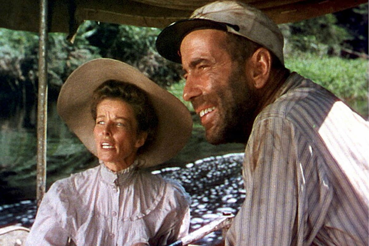 Humphrey Bogart y Katharine Hepburn en pleno rodaje de La reina africana