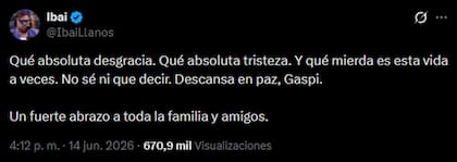 Ibai Llanos, con quien había colaborado recientemente, se lamentó por la repentina muerte de Gaspi