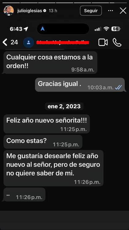 Iglesias aseguró que los mensajes desmienten las acusaciones (Captura: Instagram @julioiglesias)
