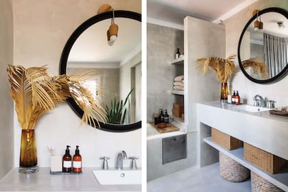 Igual que en el resto de la casa, el revestimiento cementicio se matiza con materiales cálidos como madera y fibras naturales.