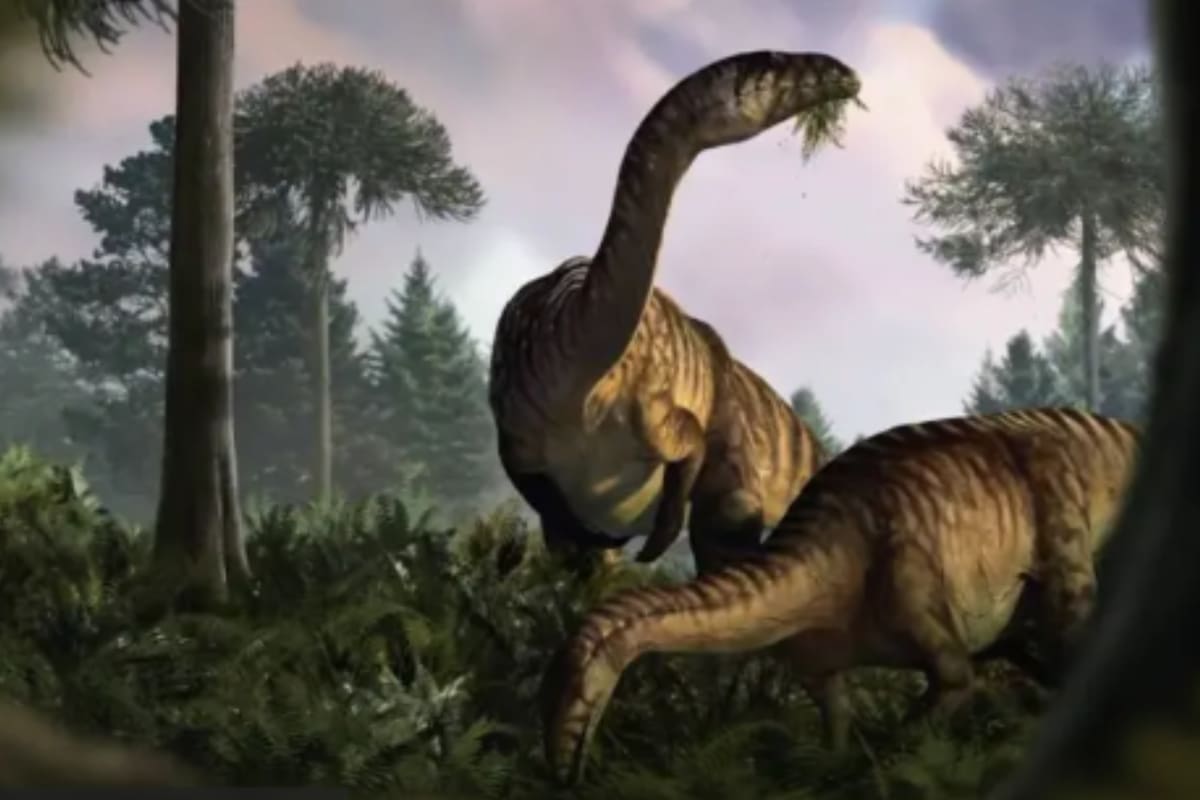 Ilustración artísitica de un sauropodomorfo, dinosaurio herbívoro que se alimentaba de helechos, en un ecosistema del Jurásico temprano en lo que es hoy Polonia