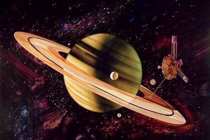 Ilustración artística de Pioneer 11 en aproximación a Saturno