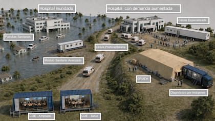 Ilustración creada por el Ministerio de Salud para mostrar el despliegue en caso de una inundación