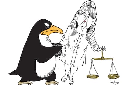 Ilustración de Alfredo Sábat de la ministro Marcela Losardo y un pingüino