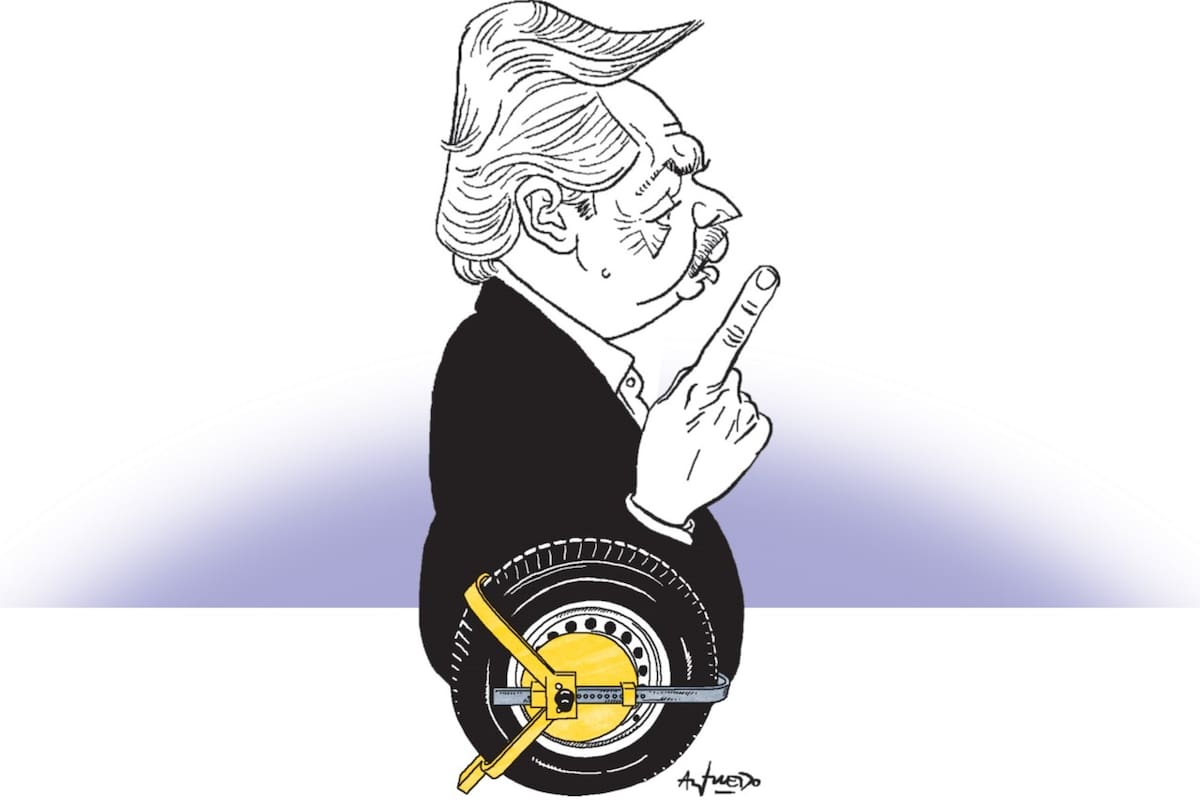 Ilustración de Alfredo Sábat sobre Alberto Fernández, limitado por un cepo