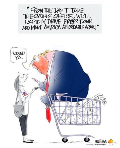 Ilustración de Ann Telnaes para The Washington Post sobre las promesas de Trump de reducir el precio de los alimentos