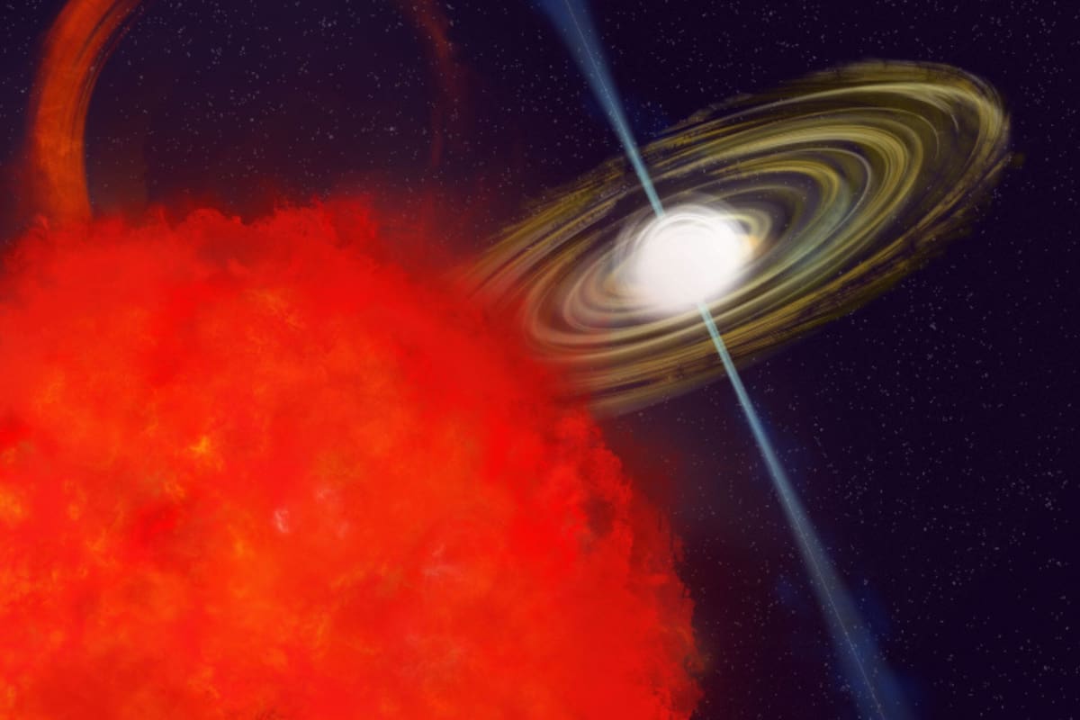 Ilustración de CHIME J1634+44: un objeto celeste que emite ráfagas de ondas de radio (National Radio Astronomy Observatory/P.Vosteen)
