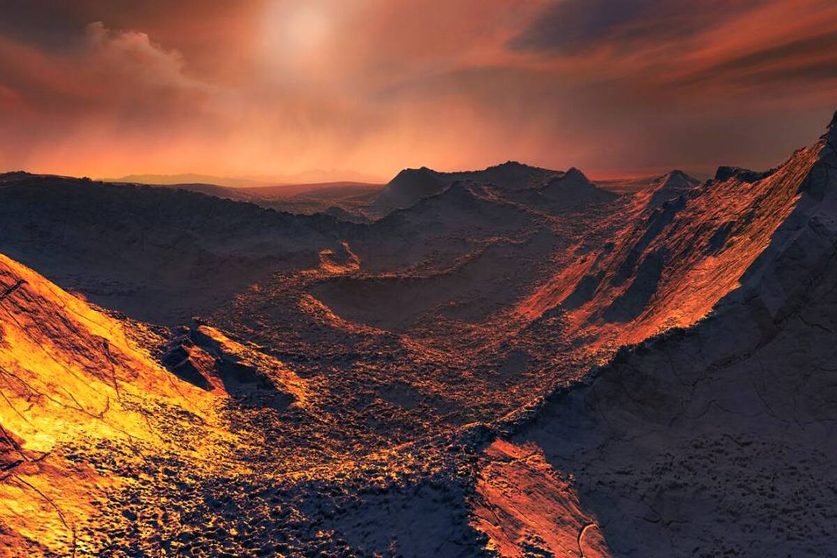 Ilustración de la superficie de una supertierra orbitando a la estrella de Barnard, el segundo exoplaneta más cercano a la Tierra