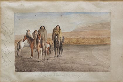 Ilustración de los tehuelches a caballo, con la corrección de FitzRoy sobre el margen izquierdo, en que aclara que "eran más peludos" y no parecían arábigos
