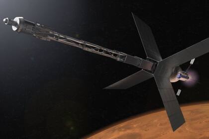 Ilustración de un hábitat de tránsito de Marte y un sistema de propulsión nuclear que algún día podría llevar a los astronautas al planeta rojo. Crédito: NASA