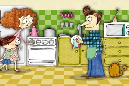 Ilustración de un libro para chicos con perspectiva de género: "Un papá con delantal"