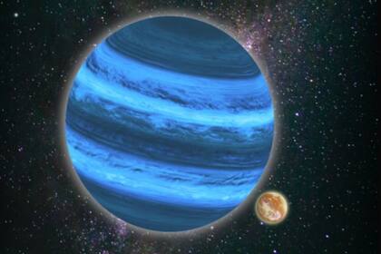 Ilustración de un planeta flotando libremente por el universo con una luna que puede almacenar agua