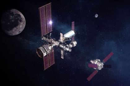 Ilustración de una nave Orion acercándose a la estación orbital lunar Gateway