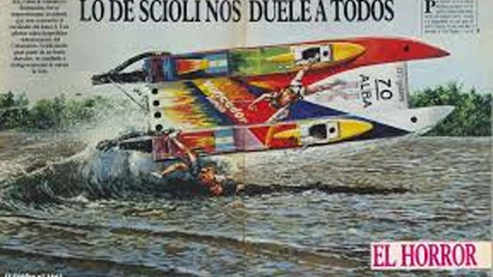 Ilustración del accidente de Daniel Scioli en la revista El Gráfico; fue en el río Paraná, a la altura de Ramallo, el 4 de diciembre de 1989