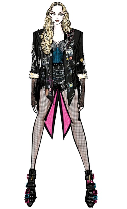 Ilustración del look durante su perfomance de "Everybody”. Madonna además lució un frac negro forrado en seda fucsia, que está decorado con eslabones, alfileres y otros llamativos detalles de estilo punk. Tanto esta chaqueta como la original falda con cadenas colgantes son de Dilara Findikoglu.
