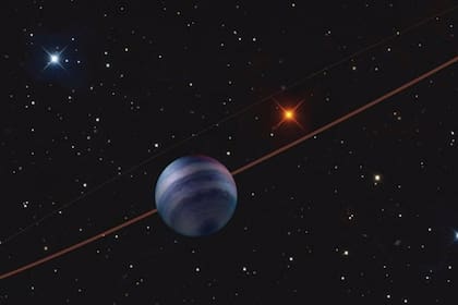 Ilustración del sistema planetario COCONUTS-2, con el planeta gigante gaseoso COCONUTS-2b en primer plano