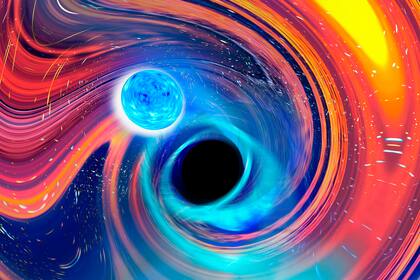 Ilustración facilitada por Carl Knox representando un agujero negro (al centro) mientras engulle una estrella de neutrones, arriba a la izquierda. Las líneas azules son ondas gravitacionales, ondulaciones en el tiempo y el espacio, que es como los astrónomos detectaron la fusión, mientras que las áreas naranjas y rojas indican partes de la estrella de neutrones desprendiéndose. (Carl Knox/OzGrav/Swinburne University Australia vía AP)