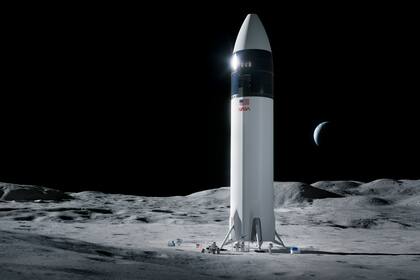 Ilustración proporcionada por SpaceX que muestra el diseño del módulo de alunizaje SpaceX Starship con el que se busca llevar a los primeros astronautas de la NASA a la superficie de la Luna bajo el programa Artemis. (SpaceX/NASA vía AP)