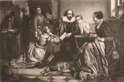 Ilustración que muestra a Shakespeare recitando una de sus obras a su familia.