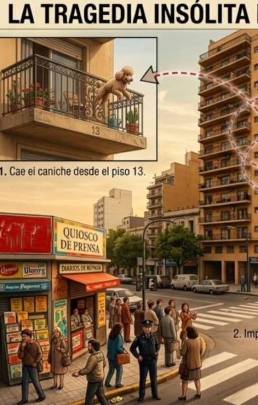Ilustración que reproduce el accidente de la caía de un caniche en la esquina de Rivadavia y Morelos, el 21 de octubre de 1988 (generada por IA)