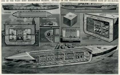 Ilustraciones con las características del H.M.S. Habakkuk, el portaaviones hecho con Pykrete