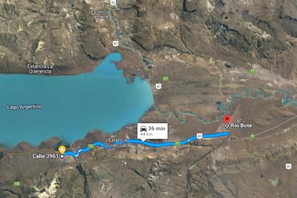 Imagen captura de Google Maps. Ubicación de la Estancia Río Bote, ubicada a 40 km de El Calafate, sobre la Ruta Nacional 40.