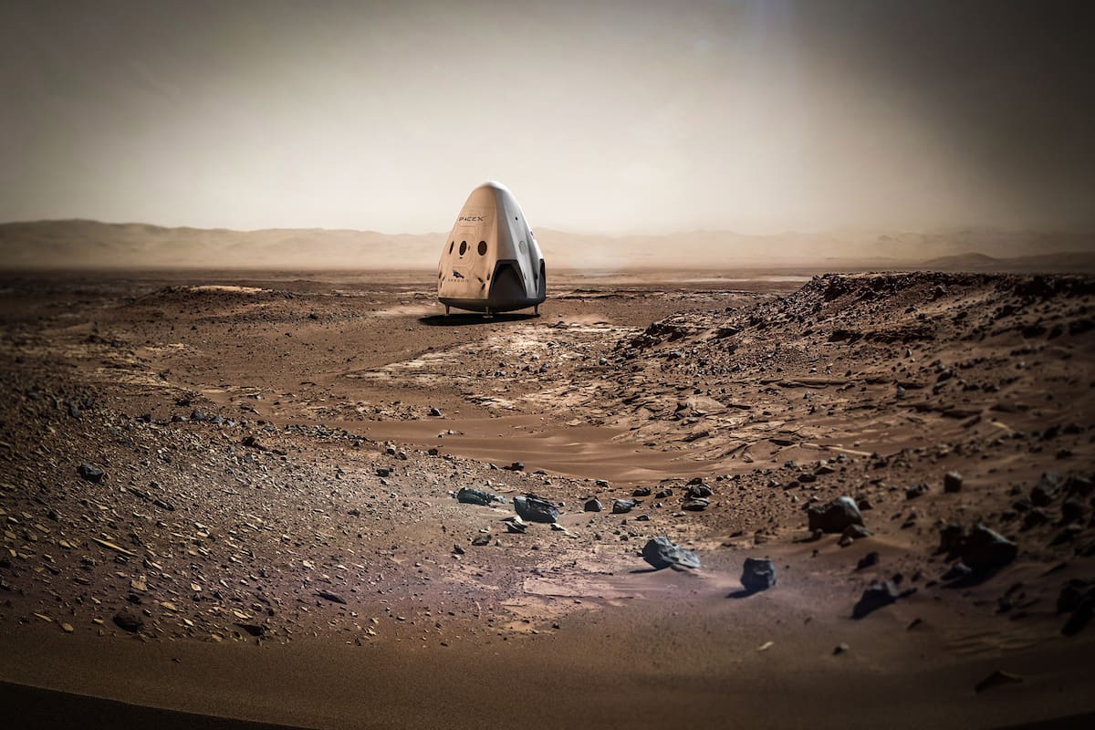 Imagen conceptual del amartizaje de la cápsula Red Dragon, de SpaceX