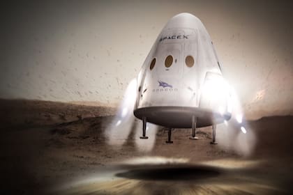 Imagen conceptual del amartizaje de la cápsula Red Dragon, de SpaceX