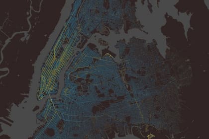 Imagen congelada de la recogida y bajada de los 150 millones de carreras que hacen los taxis de Nueva York cada año.