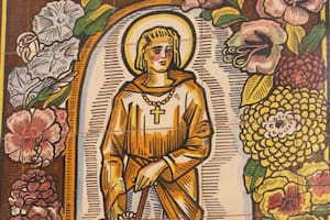 Imagen de San Fiacre pintada sobre azulejos en un jardín de Sevilla, España.