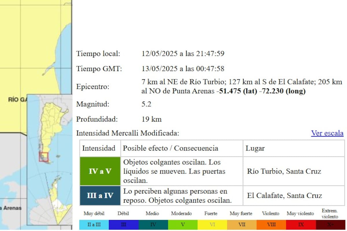 Imagen del INPRES, con el aviso del sismo en Río Turbio, Santa Cruz