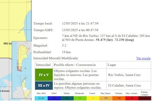 Imagen del INPRES, con el aviso del sismo en Río Turbio, Santa Cruz