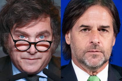 imagen dividida entre Javier Milei, Luis Lacalle Pou y el presidente de Paraguay Santiago Peña. Los tres van a estar en la inauguración oficial de la Rural