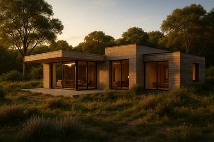Imagen generada con IA de un exterior arquitectónico al atardecer