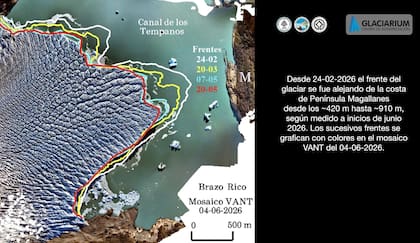 Imagen que refleja como el frente se aleja de la Península de Magallanes, PNLG, Santa Cruz