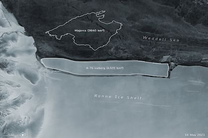 Imagen satelital del A-76, el iceberg más grande del mundo, de la Agencia Espacial Europea (ESA), que lo comparó con el tamaño de la isla de Mallorca