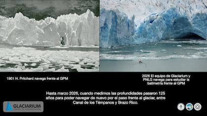 Imagenes comparativas del glaciar Perito Moreno, entre 1901 y 2026