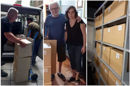 Imágenes de la donación del archivo audiovisual de Pacho O'Donnell a la Biblioteca Nacional; en el centro, el escritor con Ana Guerra, jefa del Departamento de Archivos de la institución