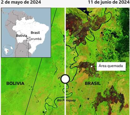 Imágenes: NASA • Las imágenes satelitales tienen colores alterados para resaltar las áreas quemadas