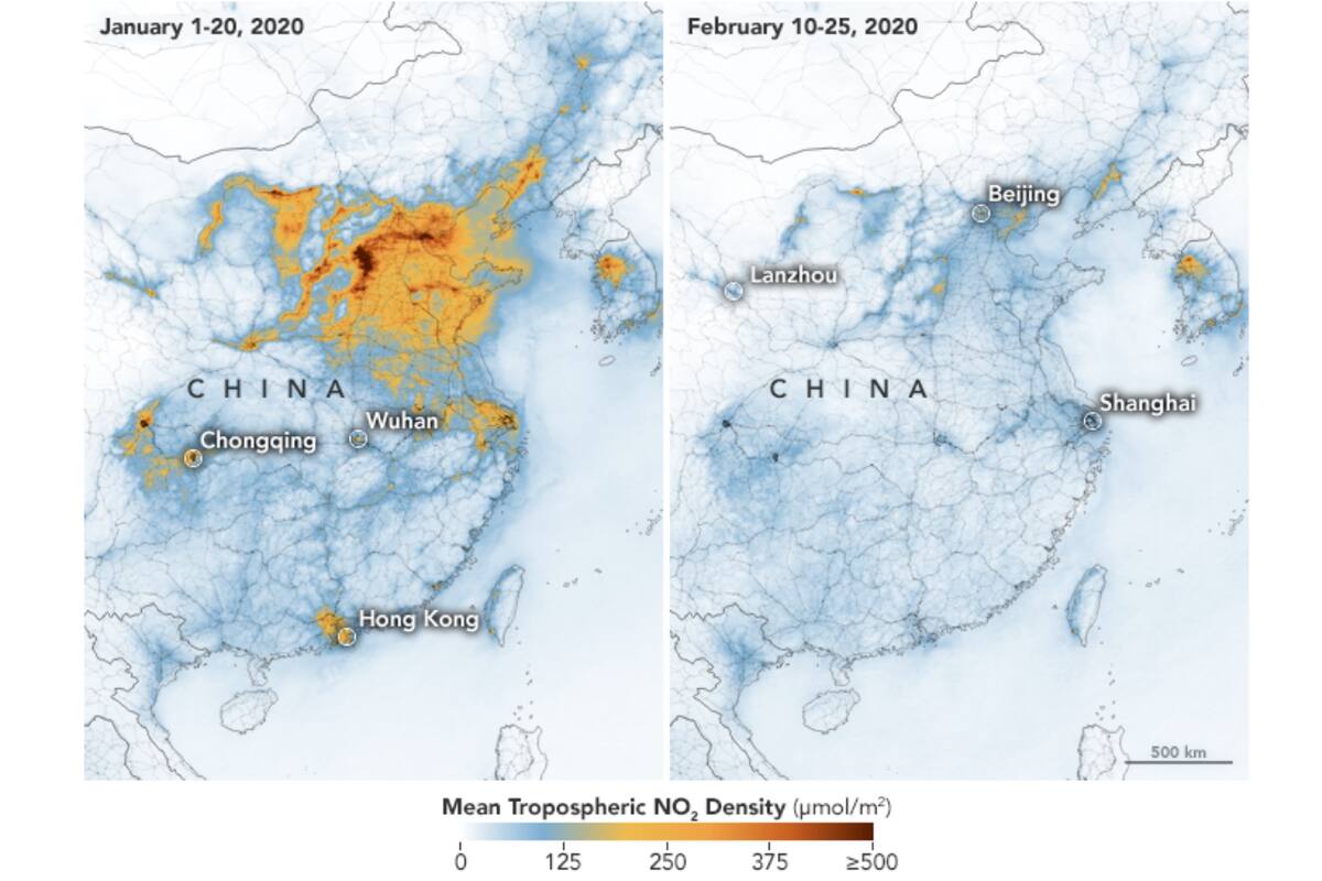 Imágenes satelitales del dióxido de nitrógeno en China