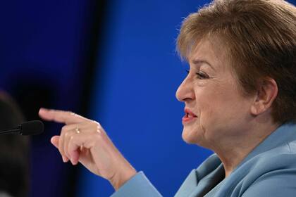 IMF Managing Director Kristalina Georgieva speaks during a press conference during the IMF/World Bank annual meetings at the IMF headquarters in Washington, DC, on October 16, 2025. (Photo by Brendan SMIALOWSKI / AFP)