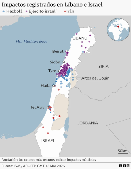 Impactos registrados en Líbano e Israel